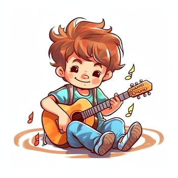 Cute boy playing guitar and listening to music with headset in cartoon style. Youth day or music day concept by AI Generated photo