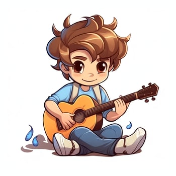 Cute boy playing guitar and listening to music with headset in cartoon style. Youth day or music day concept by AI Generated photo