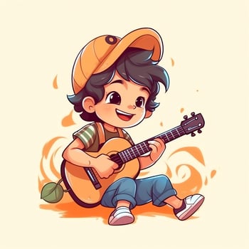 Cute boy playing guitar and listening to music with headset in cartoon style. Youth day or music day concept by AI Generated photo
