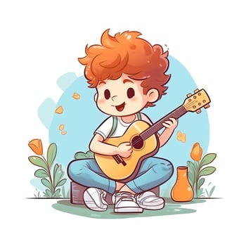 Cute boy playing guitar and listening to music with headset in cartoon style. Youth day or music day concept by AI Generated photo
