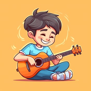 Cute boy playing guitar and listening to music with headset in cartoon style. Youth day or music day concept by AI Generated photo