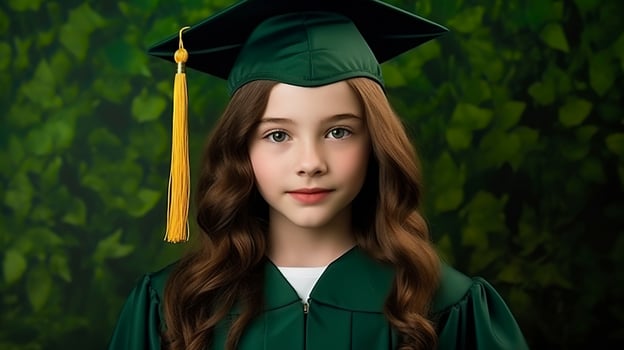 Portrait of a beautiful young girl in a graduation gown on a green background. photo