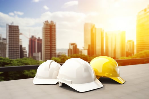 Helmet hard hat with blurred site construction building background, Generative AI illustration photo