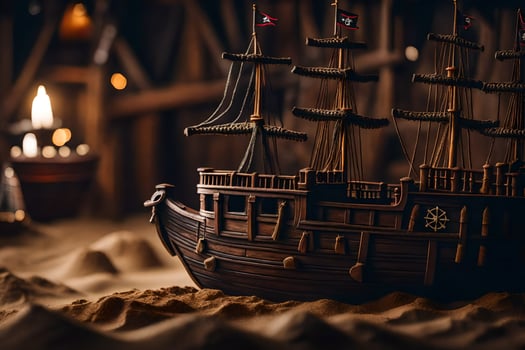 a model of a pirate ship in a dark room. AI-Generated photo