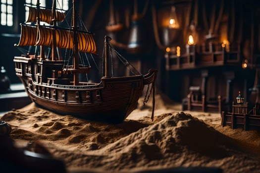 a model of a ship in a sand pit. AI-Generated photo