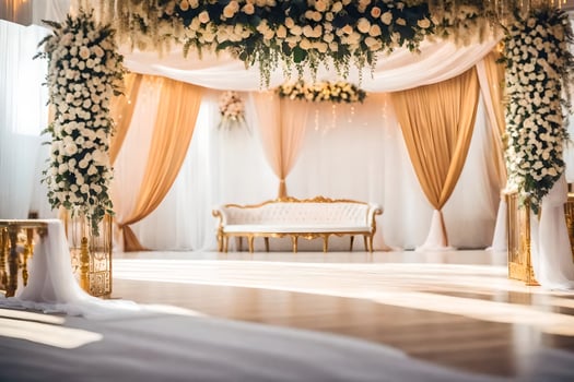 an elegant wedding ceremony with white and gold decor. AI-Generated photo