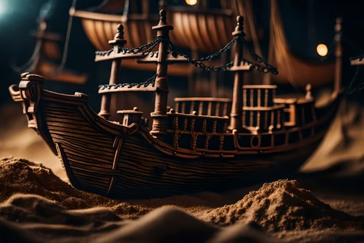 a model of a ship in the sand. AI-Generated photo