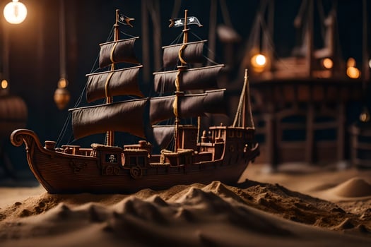 a model of a pirate ship in the sand. AI-Generated photo