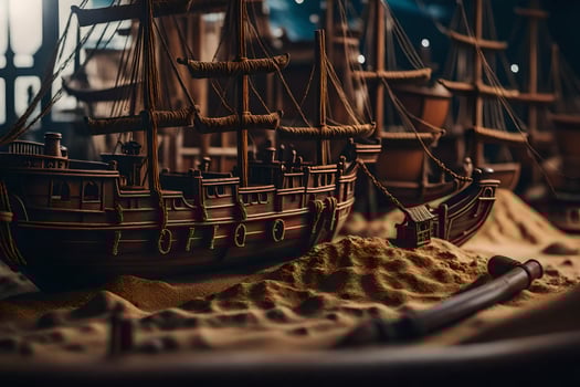 a model of a ship in the sand. AI-Generated photo