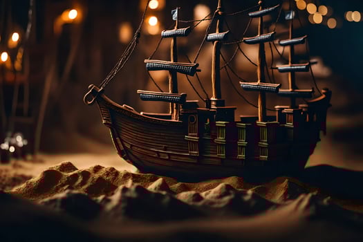 a model of a ship in the sand. AI-Generated photo