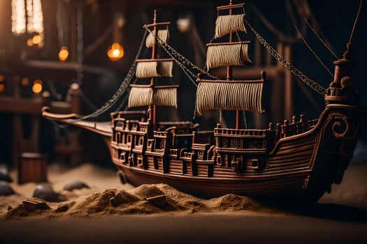 a model of a pirate ship in a dark room. AI-Generated photo