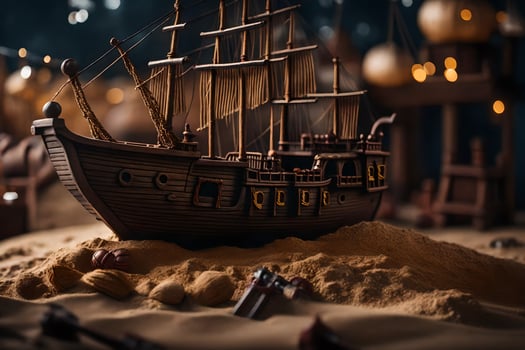 a model of a ship in the sand. AI-Generated photo