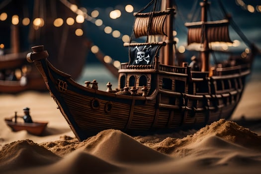 a pirate ship is on the sand with lights. AI-Generated photo