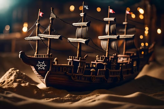 a model of a pirate ship in the sand. AI-Generated photo