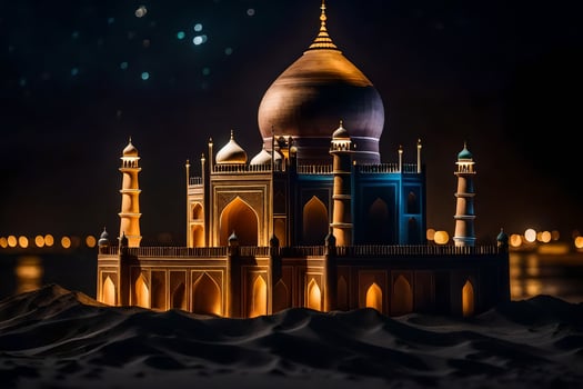 the taj mahal is lit up at night. AI-Generated photo