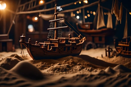 a wooden model of a pirate ship in the sand. AI-Generated photo