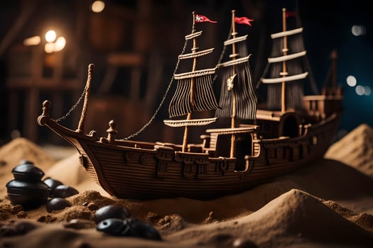 a model of a pirate ship in the sand. AI-Generated photo