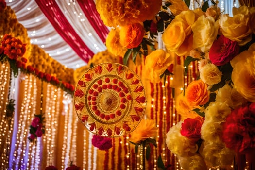 a colorful wedding decoration with flowers and lights. AI-Generated photo