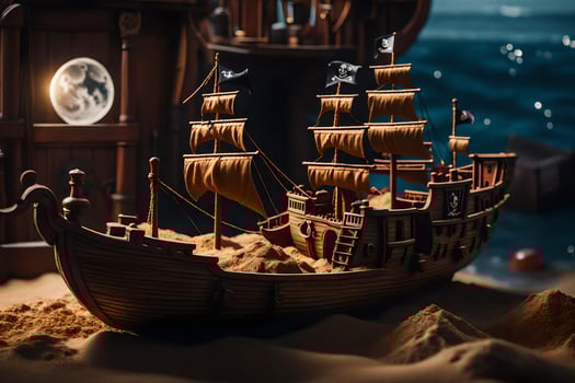 a pirate ship is on the sand in front of a moon. AI-Generated photo
