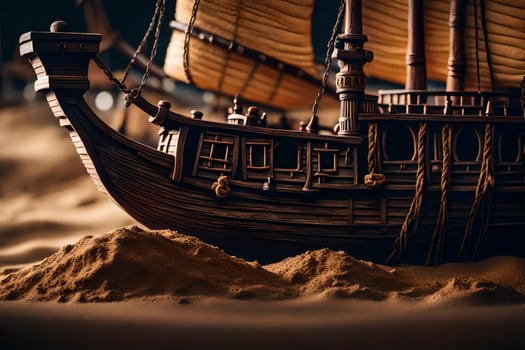 a model of a ship in the sand. AI-Generated photo