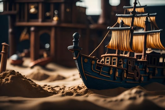 a model of a pirate ship in the sand. AI-Generated photo