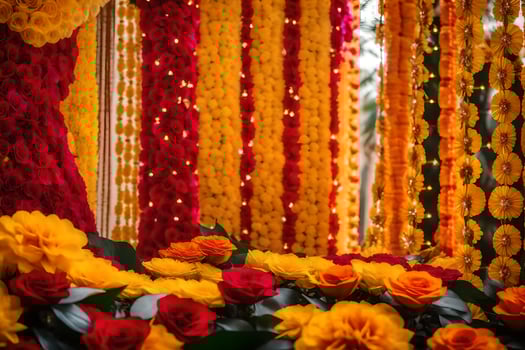 a colorful arrangement of flowers and garlands. AI-Generated photo