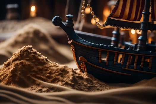 a model of a pirate ship in the sand. AI-Generated photo