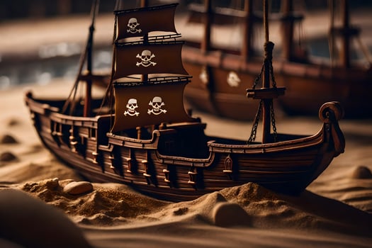 a pirate ship is sitting in the sand. AI-Generated photo