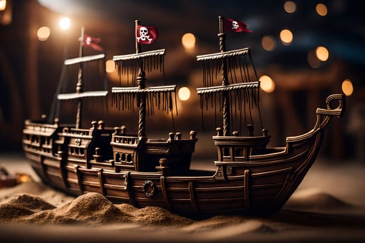 a model of a pirate ship on a beach. AI-Generated photo