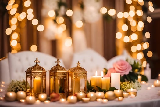 a table with candles and gold lanterns. AI-Generated photo