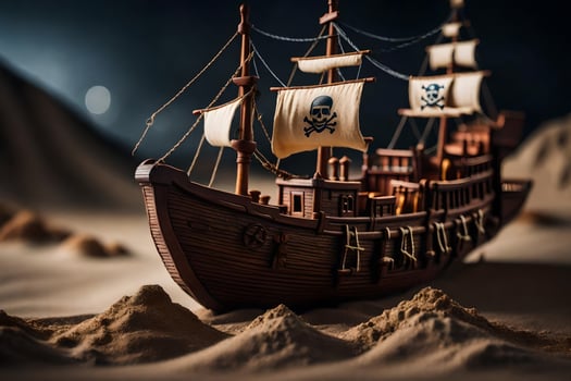 a pirate ship is sitting in the sand. AI-Generated photo