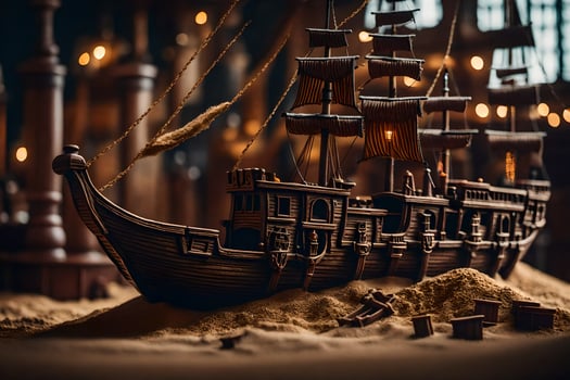 a model of a pirate ship in a dark room. AI-Generated photo