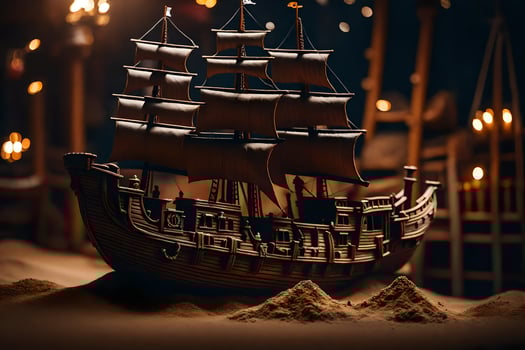 a model of a pirate ship in the sand. AI-Generated photo