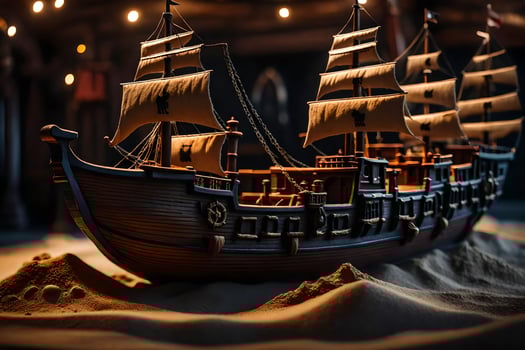 a model of a pirate ship in the sand. AI-Generated photo
