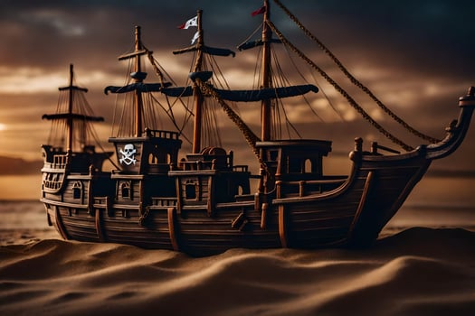a model pirate ship sits on the sand. AI-Generated photo