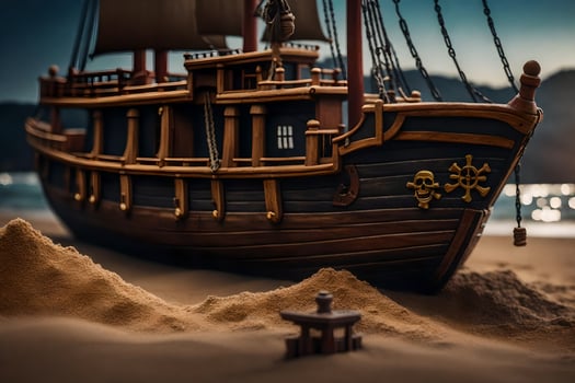 a model pirate ship sits on the sand. AI-Generated photo