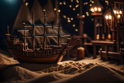 a model of a ship in the sand. AI-Generated photo