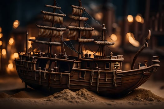 a model of a ship in the sand. AI-Generated photo