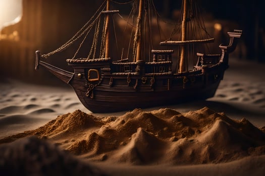 a model of a ship in the sand. AI-Generated photo