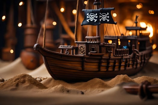 a pirate ship is sitting in the sand. AI-Generated photo