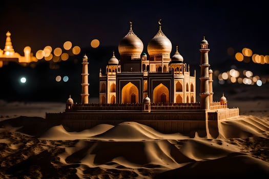 a model of a taj mahal in the desert at night. AI-Generated photo
