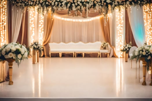an indoor wedding ceremony with white and gold decorations. AI-Generated photo