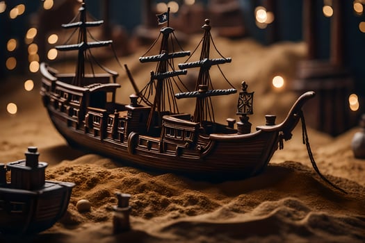 a model of a pirate ship in the sand. AI-Generated photo