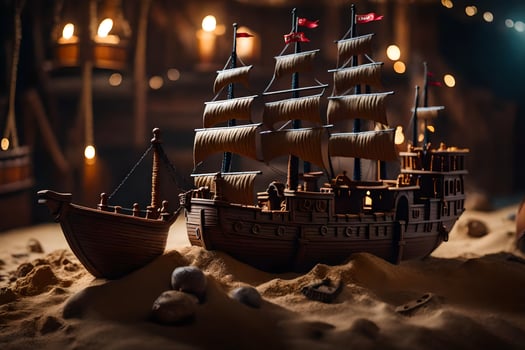 a pirate ship is in the sand. AI-Generated photo
