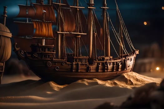 a model of a ship in the sand. AI-Generated photo