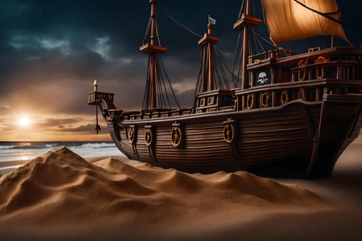 a pirate ship on the beach at night. AI-Generated photo