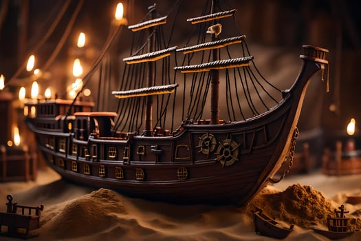 a model of a pirate ship in the sand. AI-Generated photo