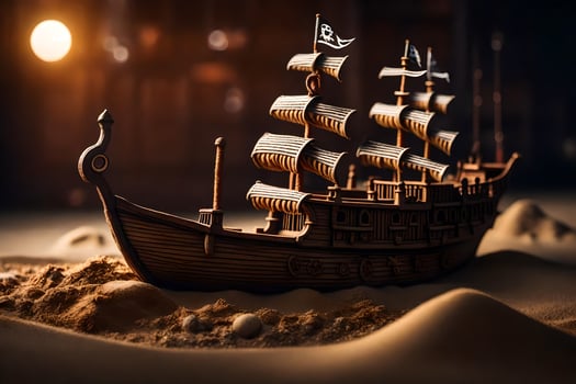 a model of a pirate ship in the sand. AI-Generated photo