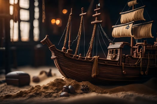a model of a pirate ship in a sand pit. AI-Generated photo