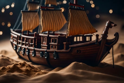 a model of a pirate ship in the sand. AI-Generated photo